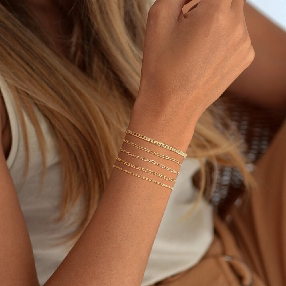 Women's 5Pcs Gold Bracelets for Waterproof, 14K Gold Plated Jewelry Sets Trendy - Picture 2 of 8